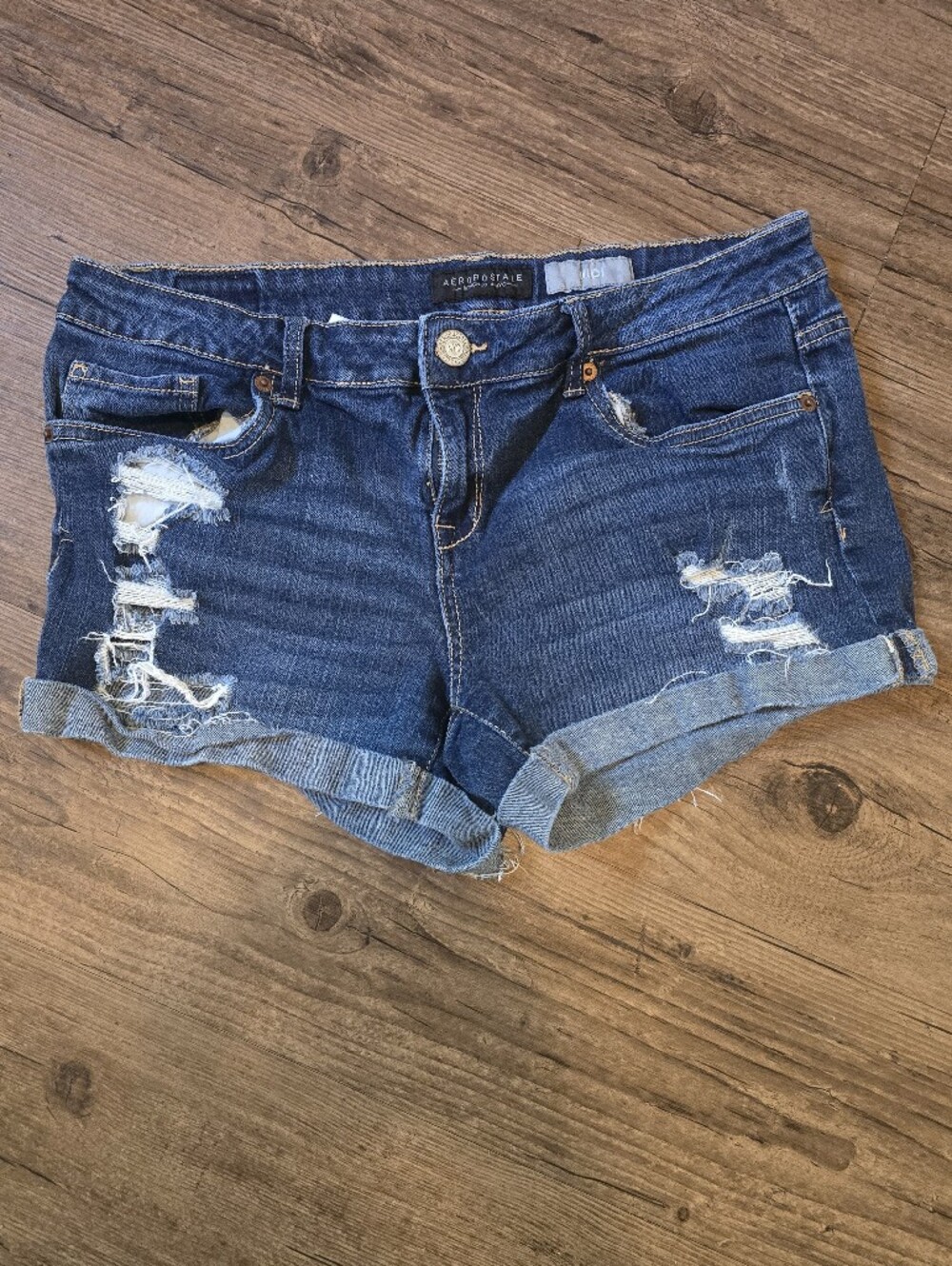 Aeropostale Distressed Dark Blue Denim Cuffed Shorts